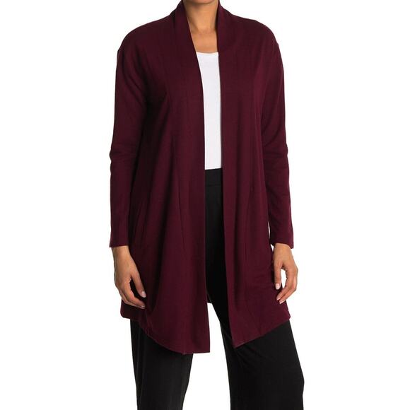 Melloday Women's Open Cardigan Sweater Large Wine NWT Slash Pockets Tunic Length - Picture 1 of 7